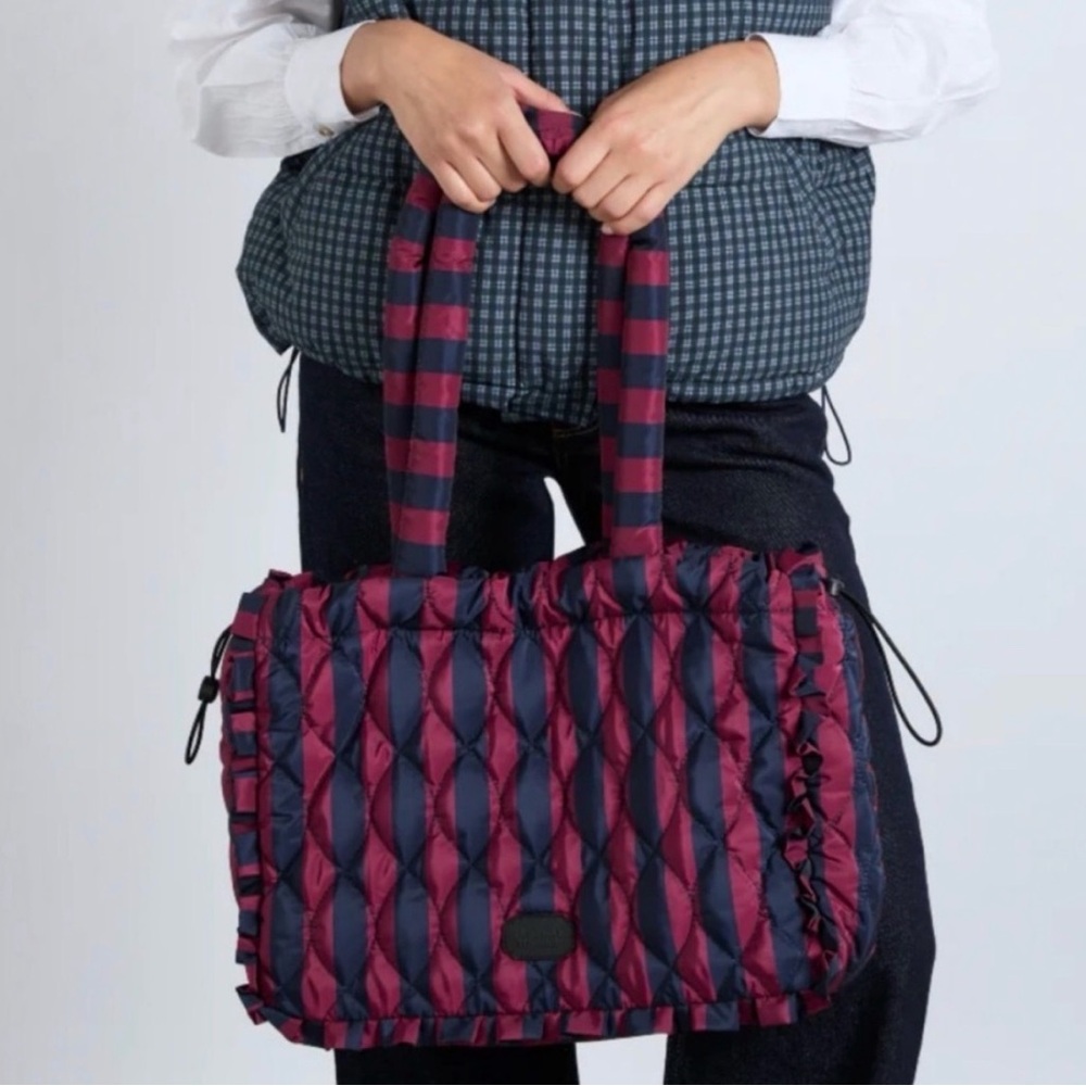 Damson Madder Frill Edge Ruched puffer Tote Bag Navy Burgundy Stripe